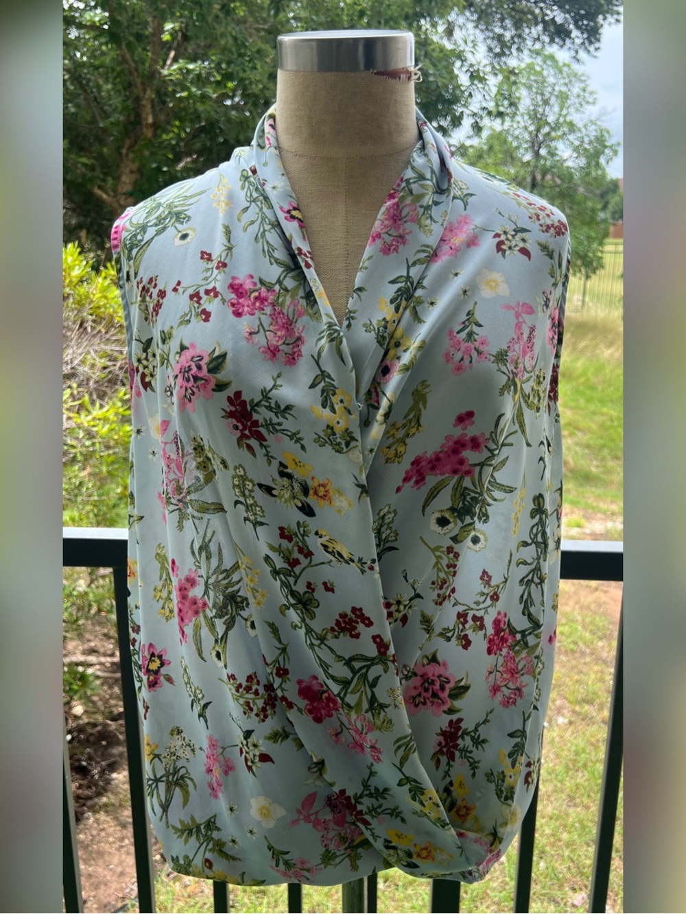 Everleigh Light Blue Floral Draped Surplice Blouse